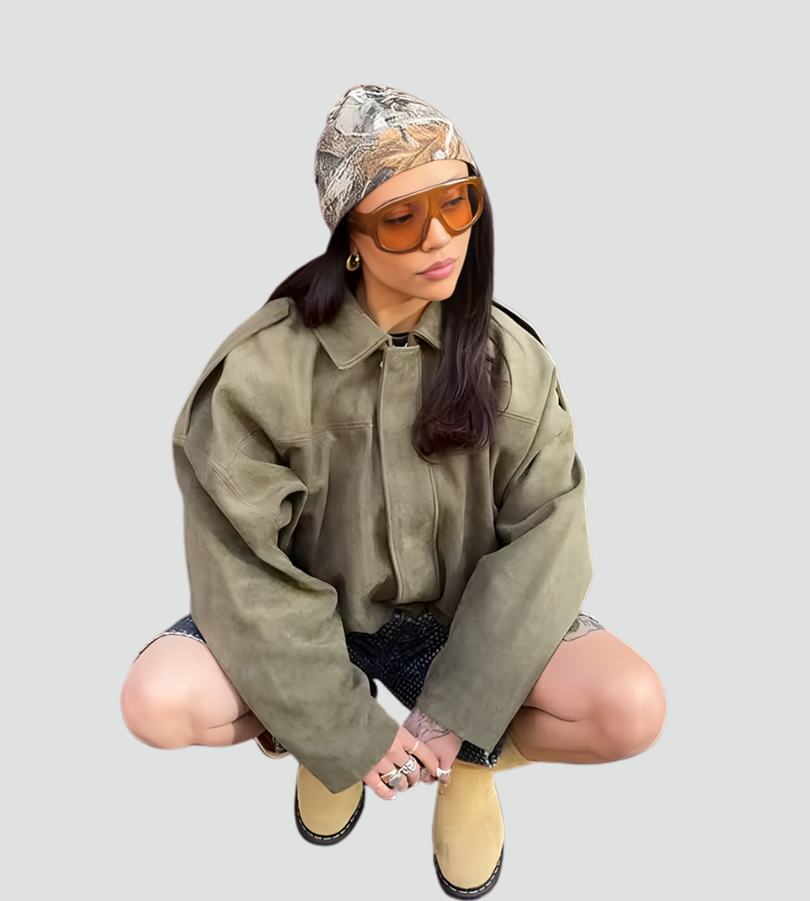 Zamszowa kurtka bomberka damska oversize na zamek