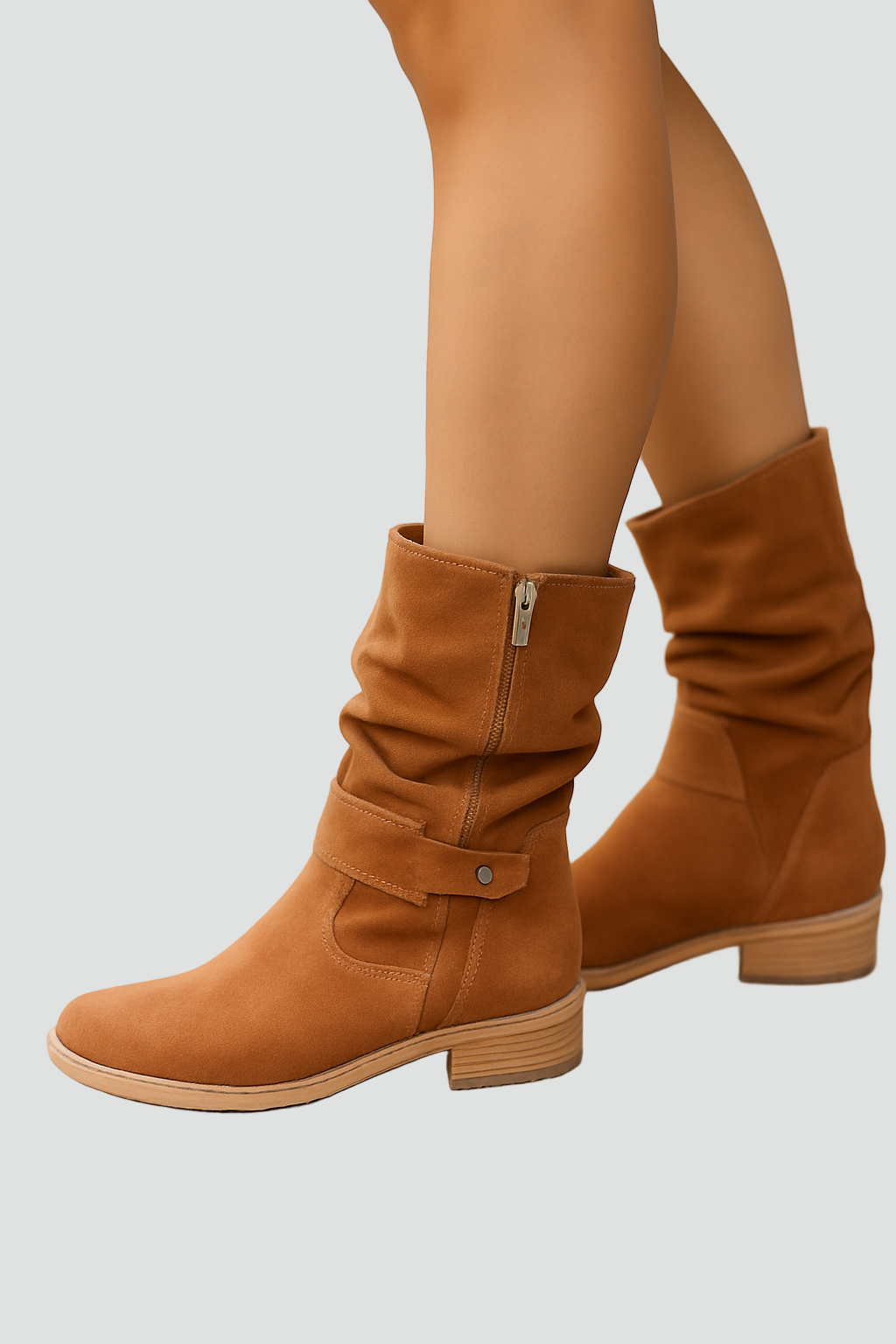 Zamszowe botki damskie z marszczoną cholewką