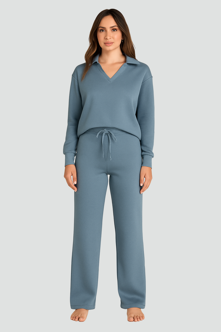 Zestaw homewear damski z kołnierzykiem i szerokimi spodniami