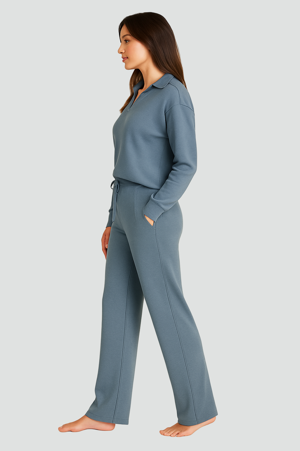 Zestaw homewear damski z kołnierzykiem i szerokimi spodniami