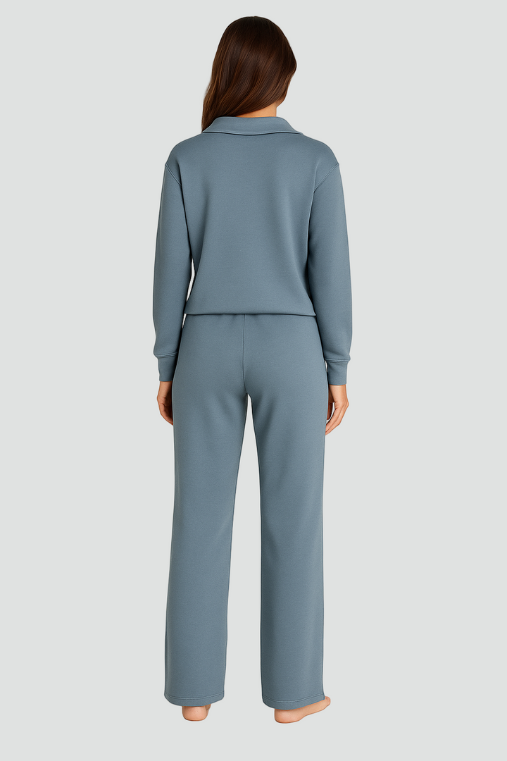 Zestaw homewear damski z kołnierzykiem i szerokimi spodniami