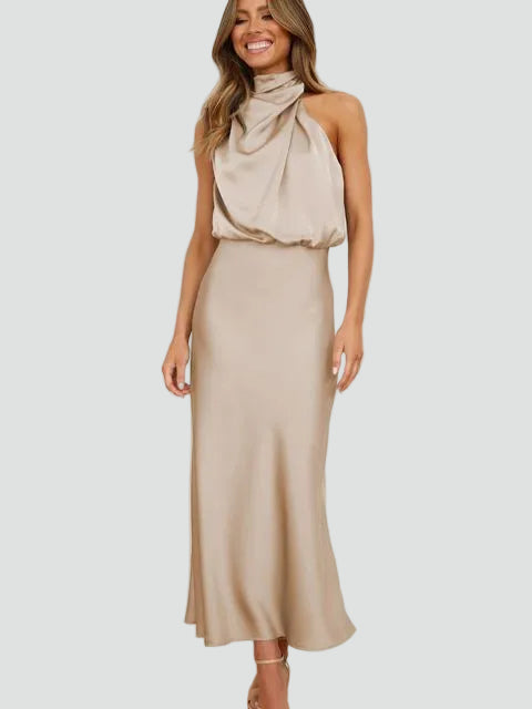 Women's maxi gala dress with high collar and sleeveless design