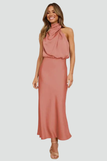 Women's maxi gala dress with high collar and sleeveless design