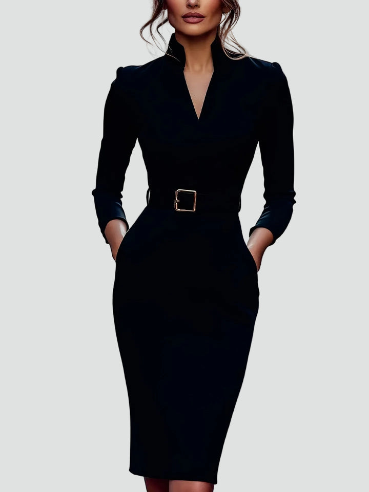 Elegant midi cocktail dress with belt and 3/4 sleeve for the office