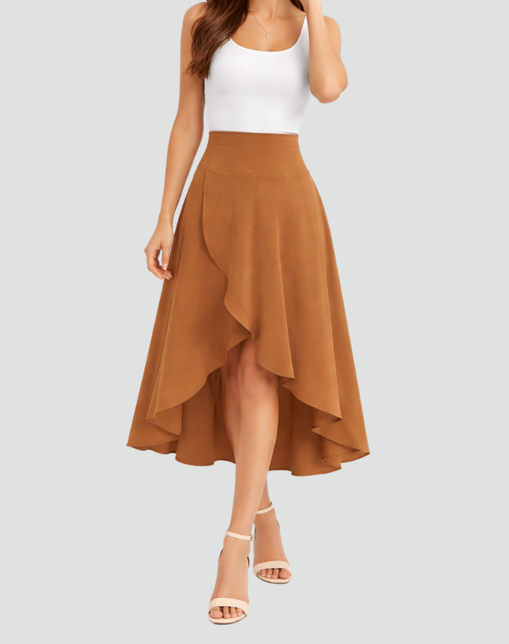 Flowy midi skirt with a high waist and asymmetrical hem