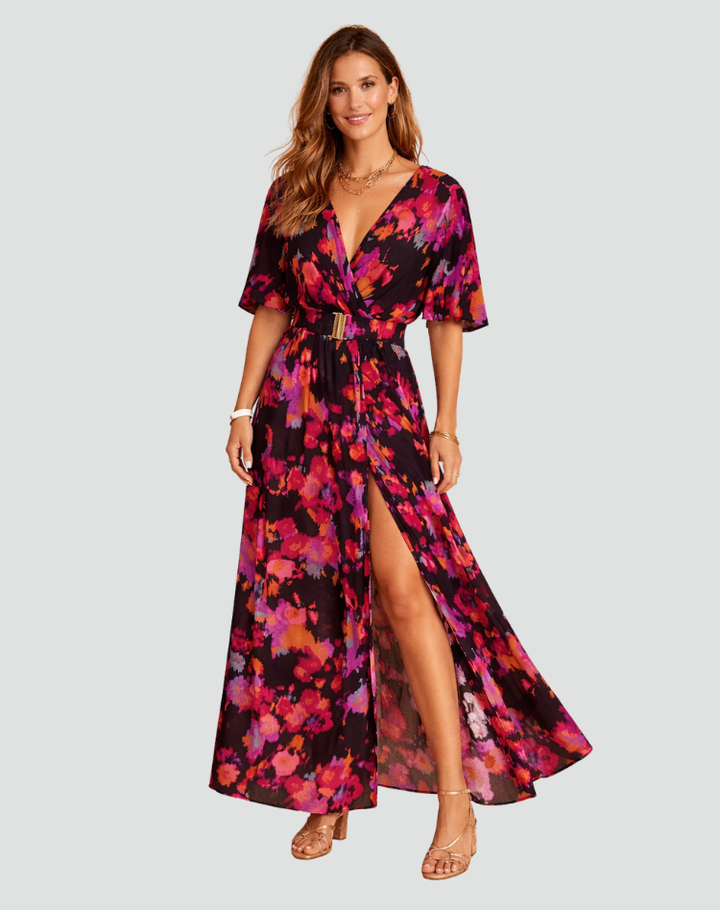 Luchtige maxi-jurk met bloemenprint en overslaghalslijn