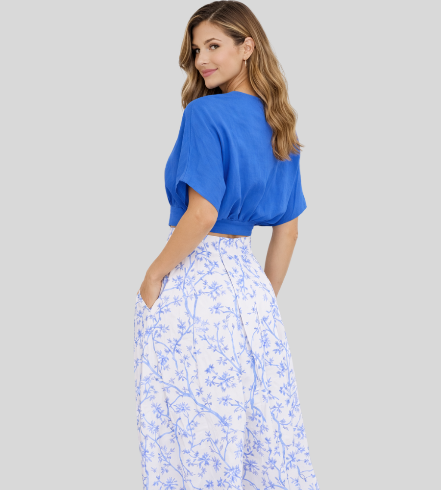 Zwiewny damski zestaw dwuczęściowy z topem kimono i szerokimi spodniami