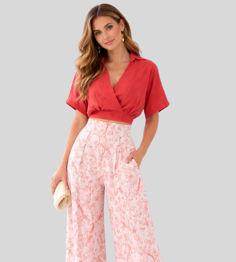 Zwiewny damski zestaw dwuczęściowy z topem kimono i szerokimi spodniami