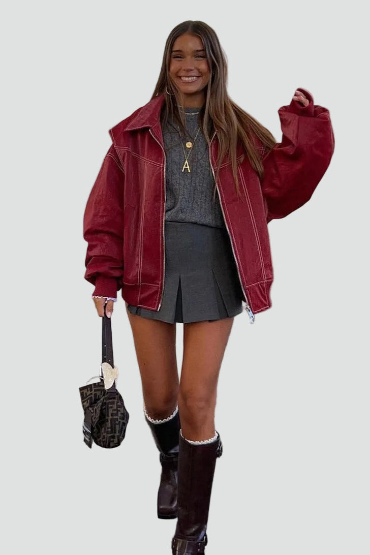 Women's oversized bomber jacket with zipper and pockets for everyday wear