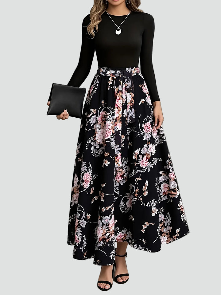 Romantyczna sukienka maxi party z paskiem i długim rękawem