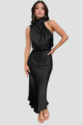 Women's maxi gala dress with high collar and sleeveless design
