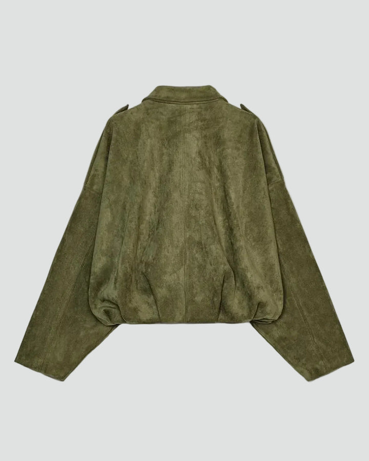 Women's oversized suede bomber jacket transitional short coat