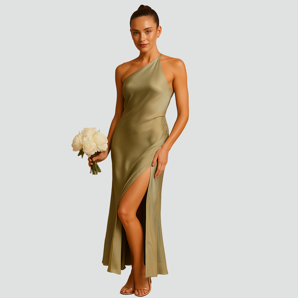 Dopasowana długa sukienka koktajlowa na jedno ramię idealna na wesele