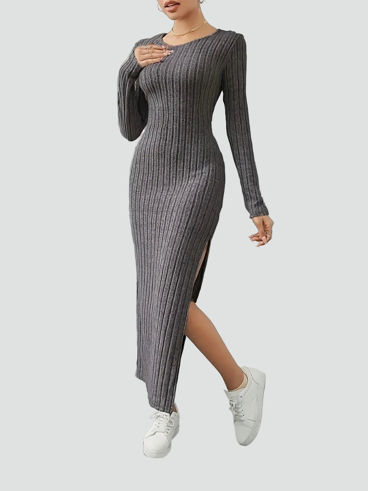 Geribbelde maxi feestjurk met split