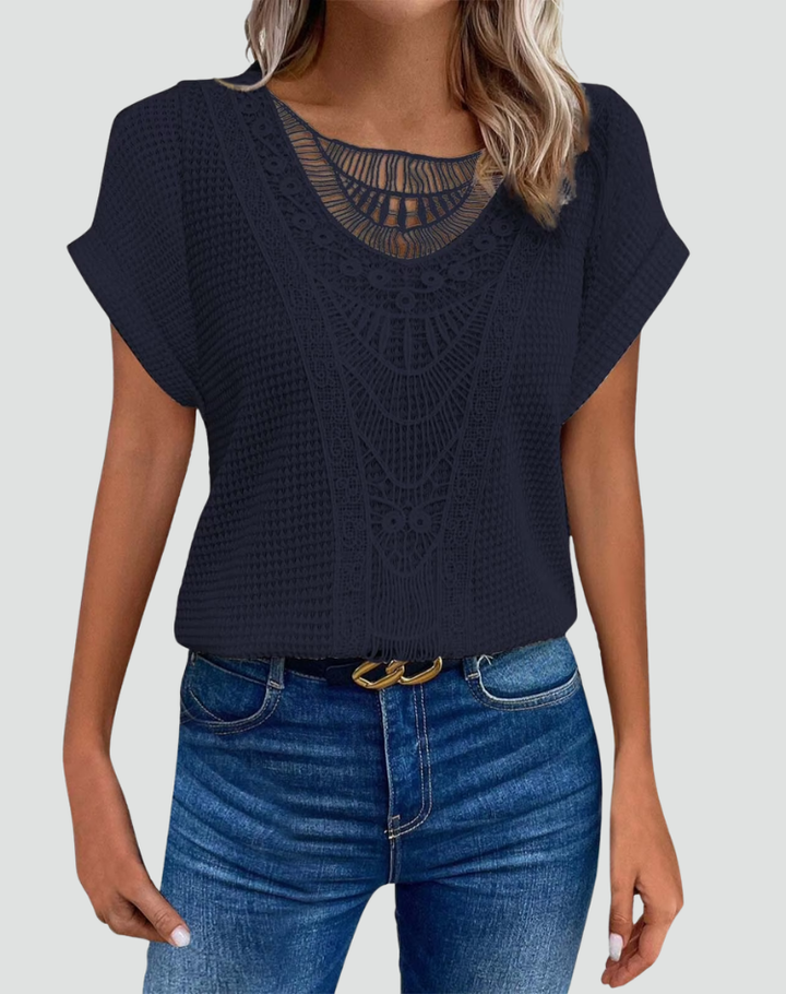 Boho lace panel openwork blouse with short sleeves