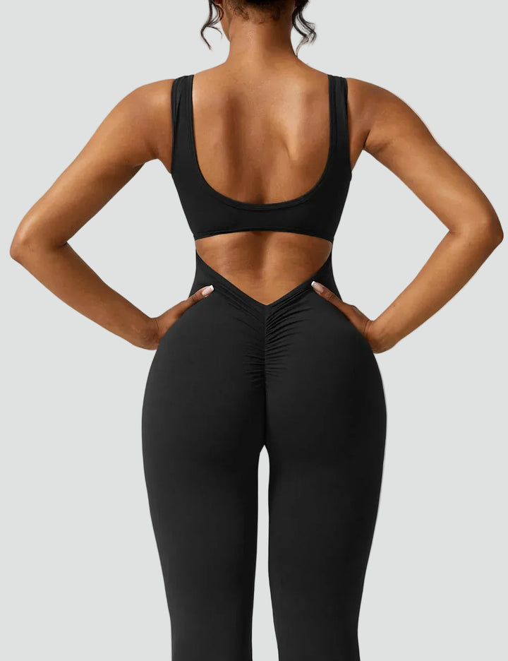 Women's sporty jumpsuit with back cutout and flare legs