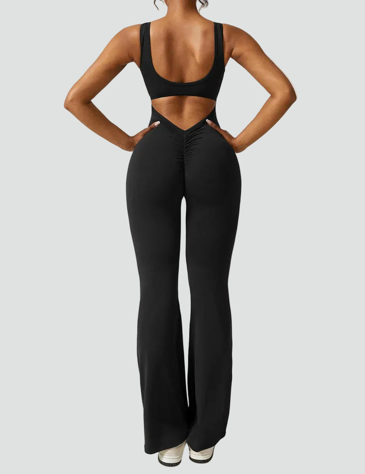 Women's sporty jumpsuit with back cutout and flare legs