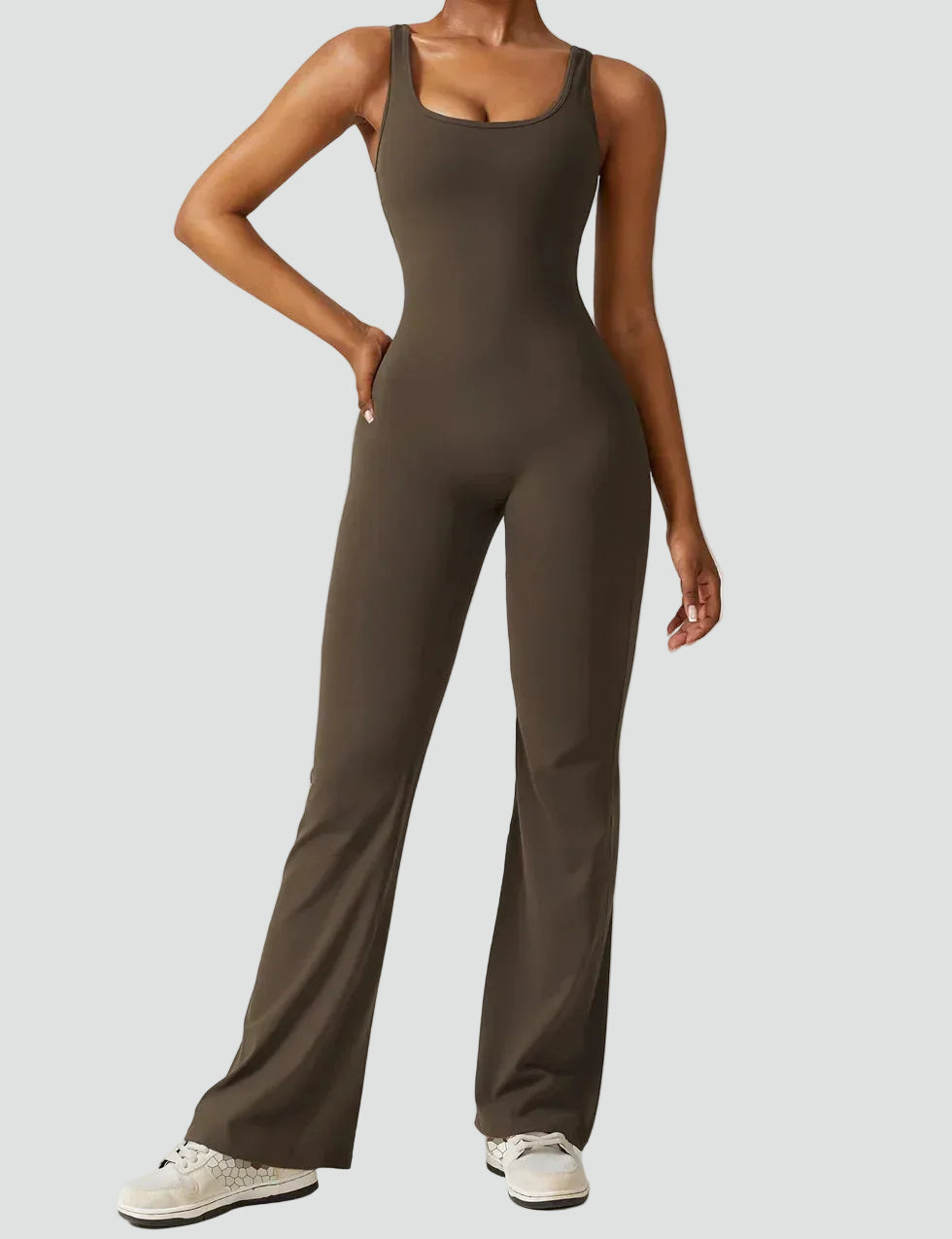 Women's sporty jumpsuit with back cutout and flare legs