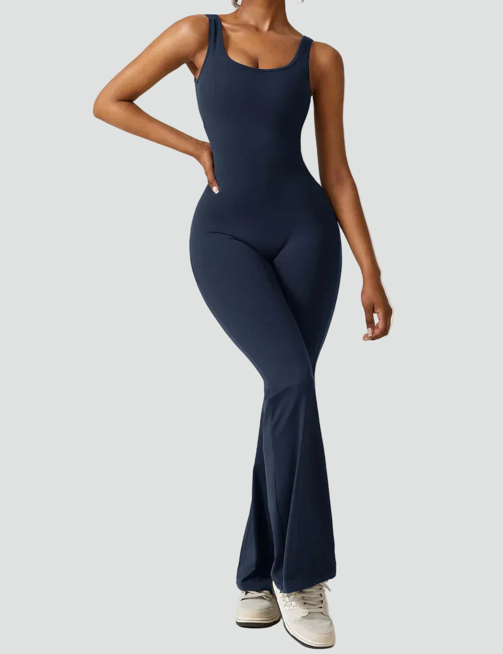 Women's sporty jumpsuit with back cutout and flare legs