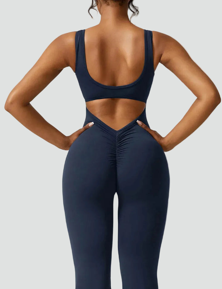 Women's sporty jumpsuit with back cutout and flare legs