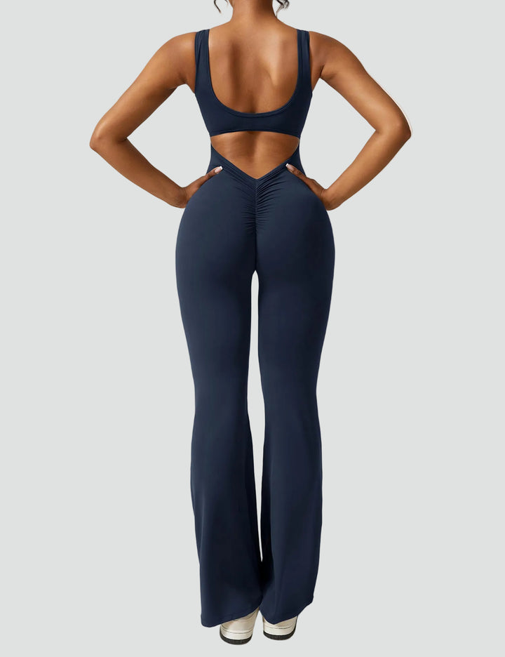 Women's sporty jumpsuit with back cutout and flare legs