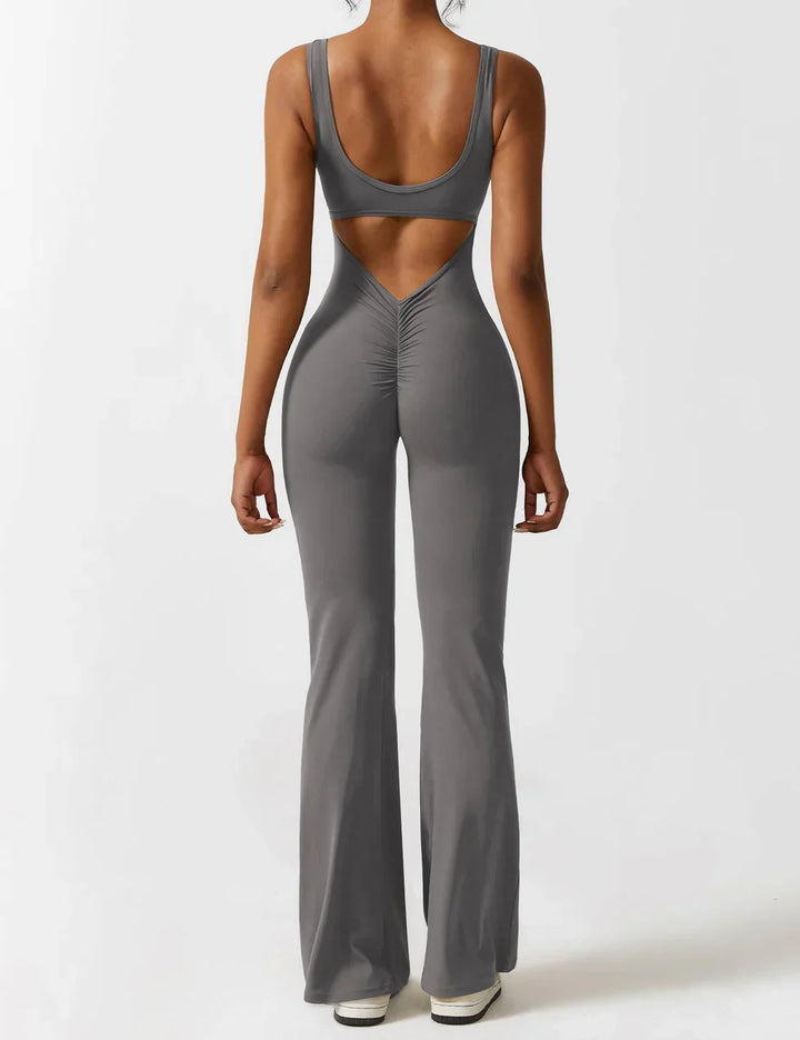 Women's sporty jumpsuit with back cutout and flare legs