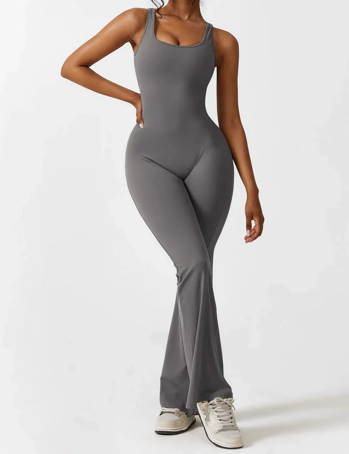 Women's sporty jumpsuit with back cutout and flare legs