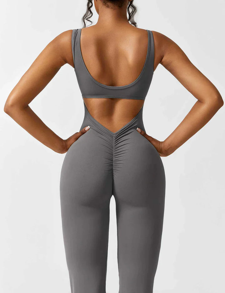 Women's sporty jumpsuit with back cutout and flare legs