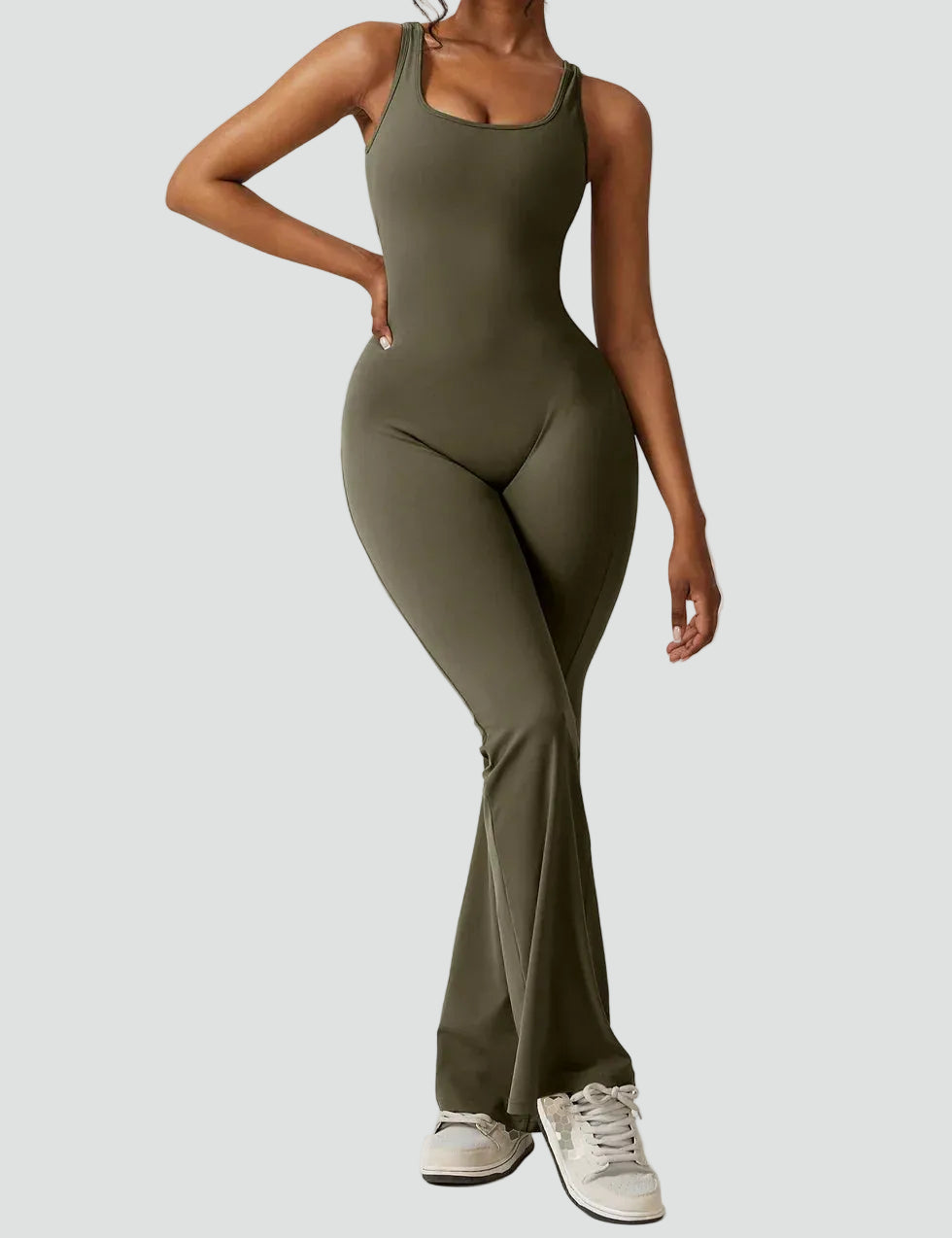 Women's sporty jumpsuit with back cutout and flare legs