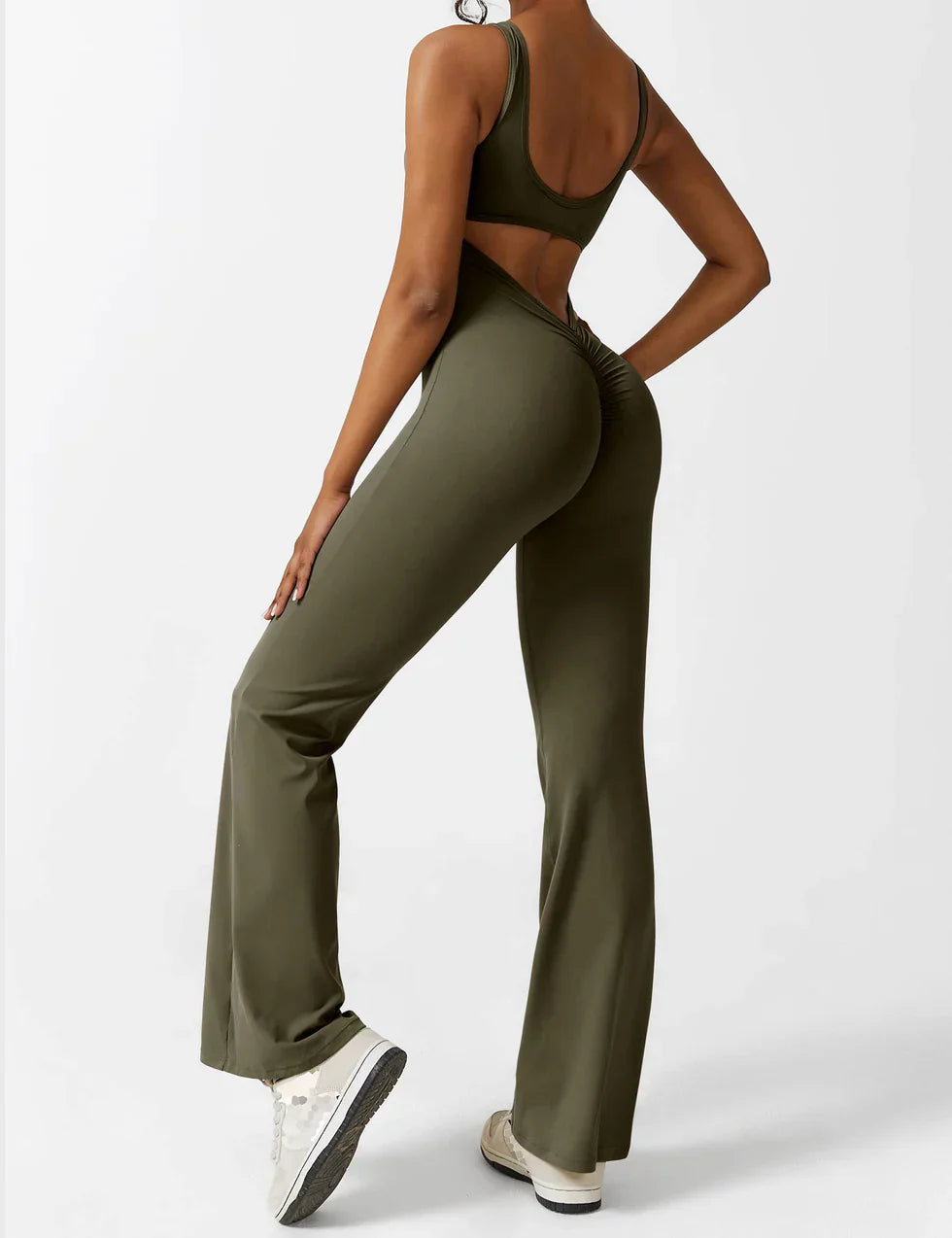 Women's sporty jumpsuit with back cutout and flare legs