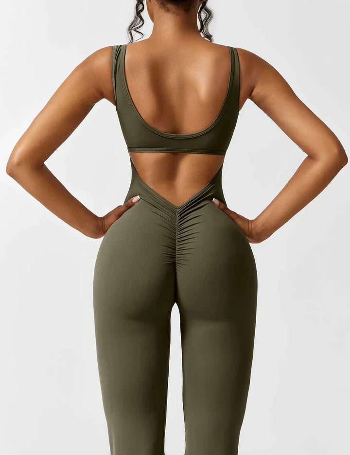 Women's sporty jumpsuit with back cutout and flare legs