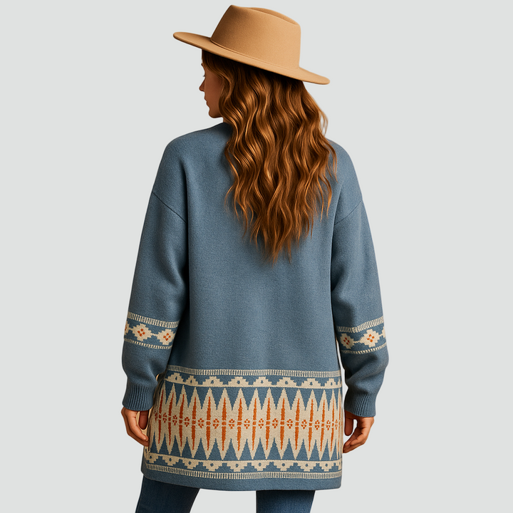 Długi boho kardigan dla kobiet z geometrycznym wzorem i luźnym krojem