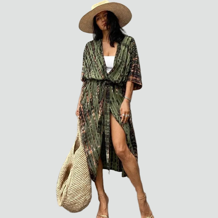 Lange kimono-vest boho voor het strand, met ceintuur, losvallend model