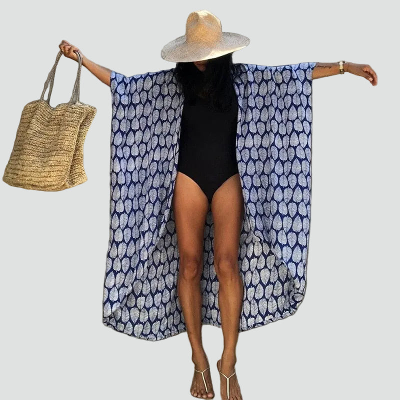 Lange kimono-vest boho voor het strand, met ceintuur, losvallend model