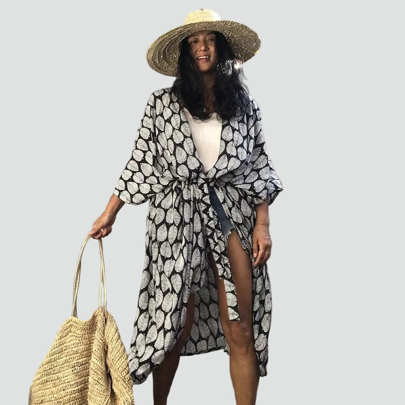 Lange kimono-vest boho voor het strand, met ceintuur, losvallend model