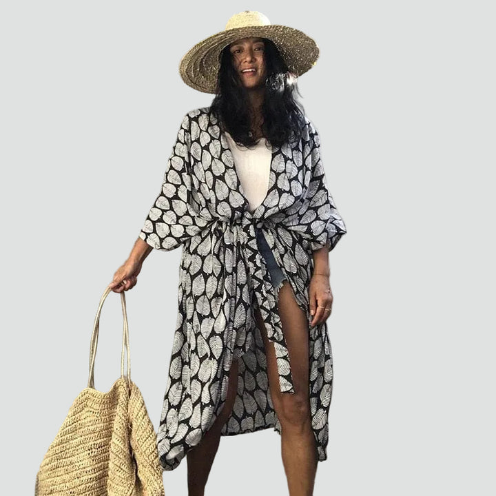 Lange kimono-vest boho voor het strand, met ceintuur, losvallend model
