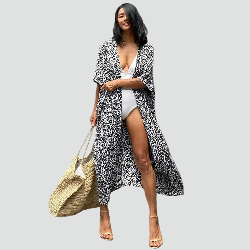 Lange kimono-vest boho voor het strand, met ceintuur, losvallend model