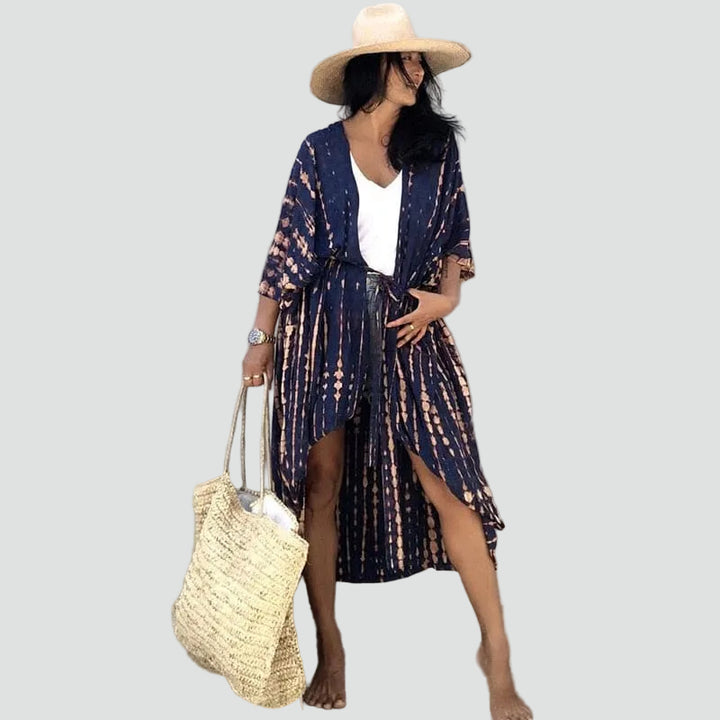 Lange kimono-vest boho voor het strand, met ceintuur, losvallend model