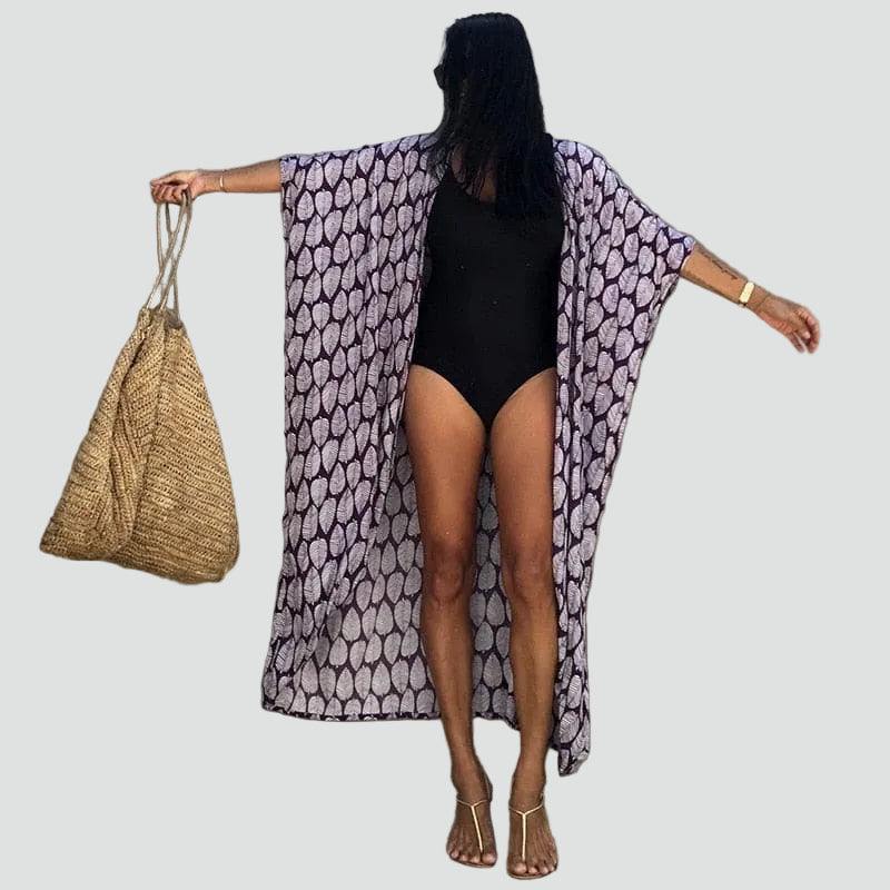 Lange kimono-vest boho voor het strand, met ceintuur, losvallend model