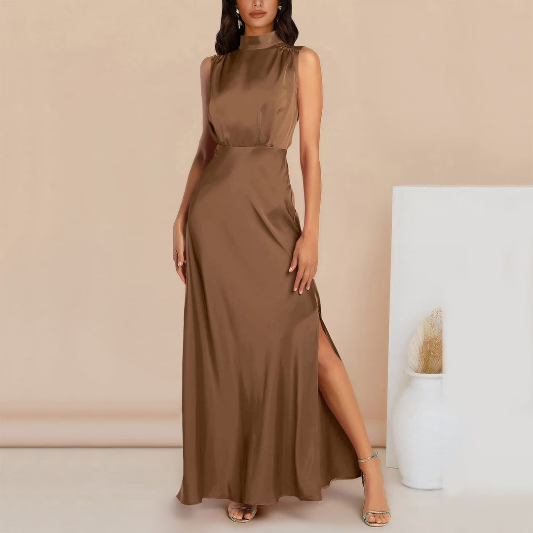 Elegant long evening dress with turtleneck and slit
