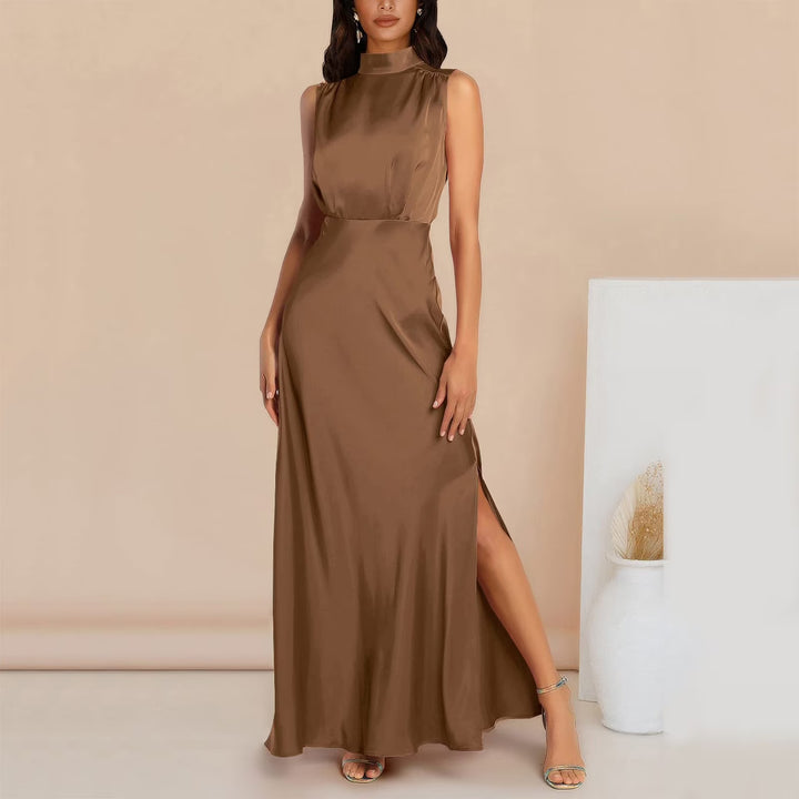 Elegant long evening dress with turtleneck and slit