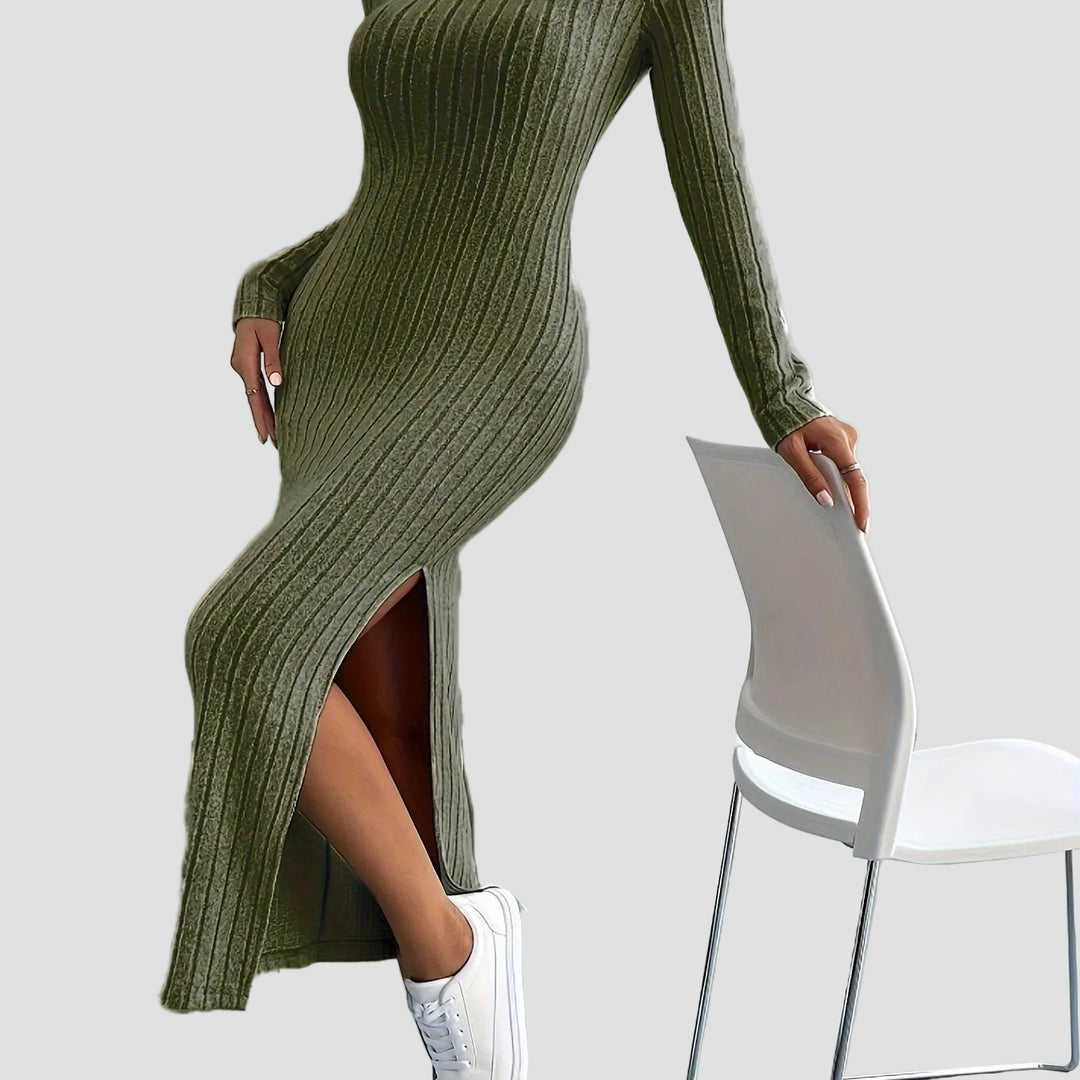 Geribbelde maxi feestjurk met split