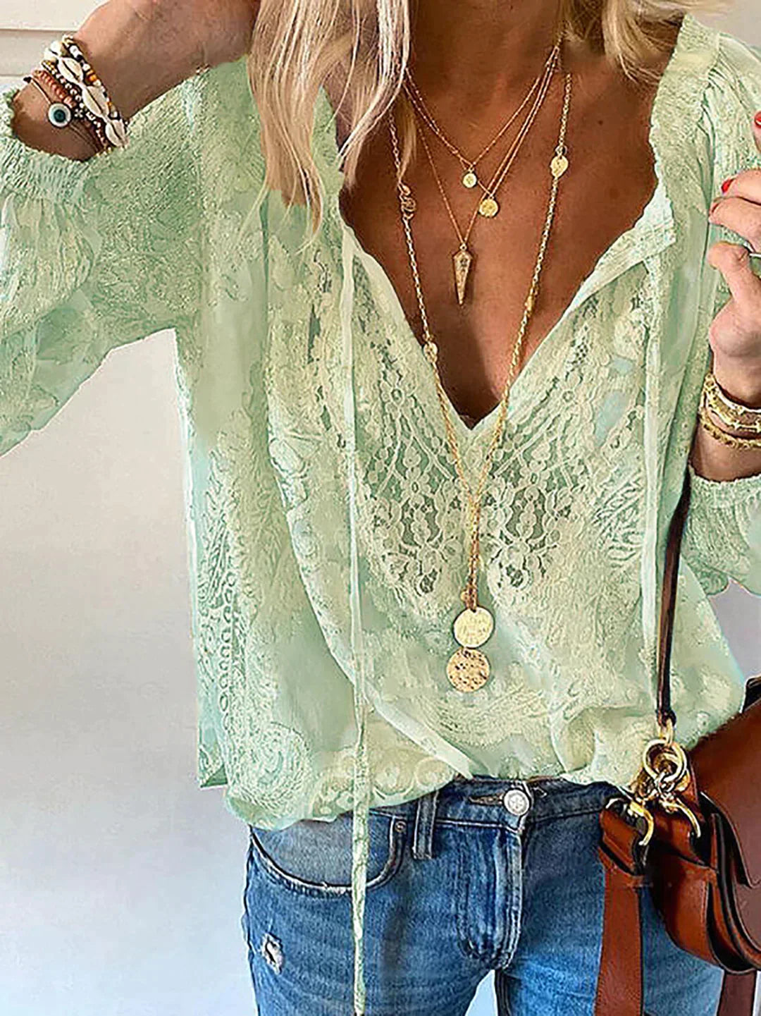 Women's boho lace blouse with tie and V-neck