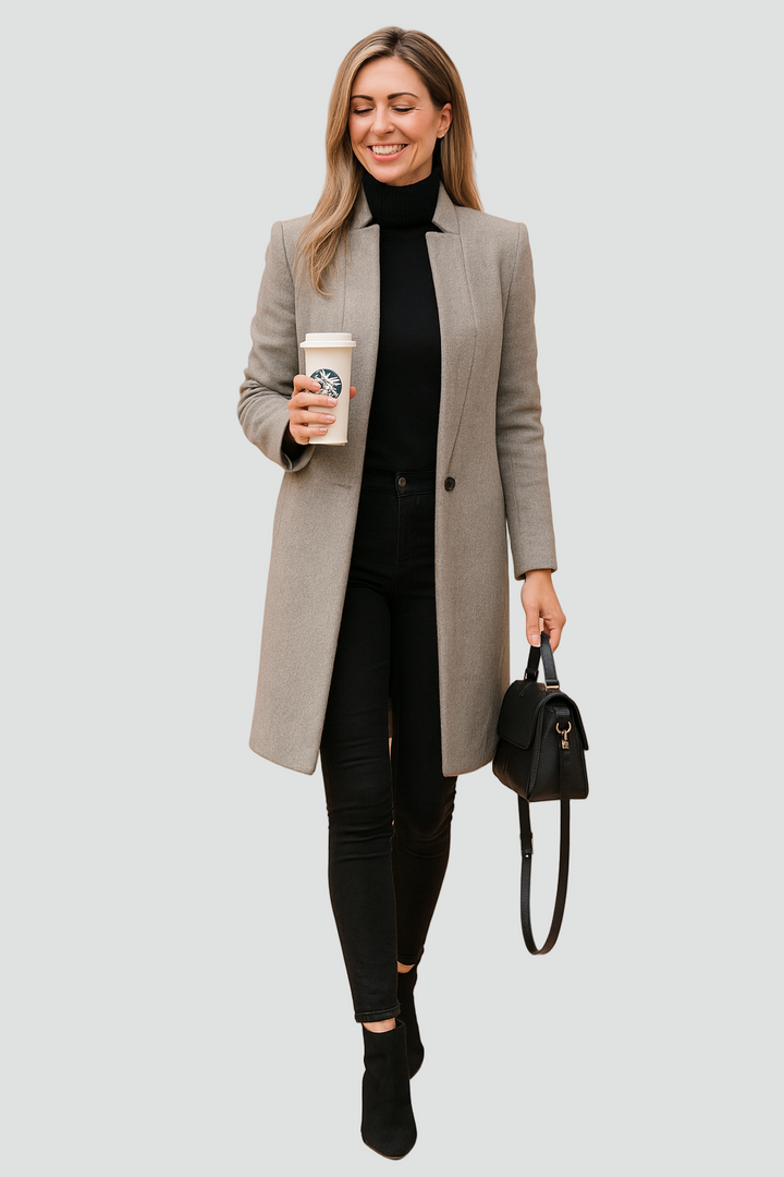 Klasyczny elegancki wełniany płaszcz damski do pracy