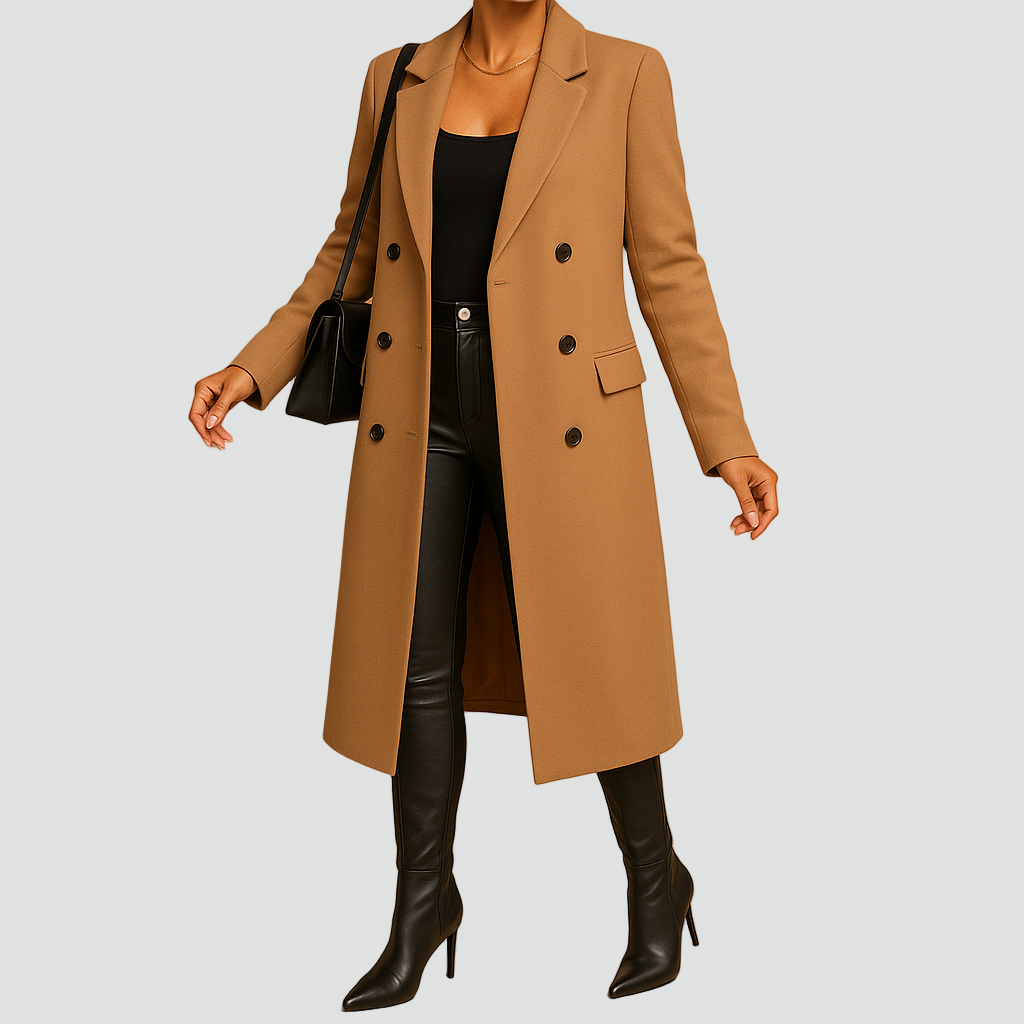 Długi dwurzędowy płaszcz damski z wełny z klapami i taliowanym krojem