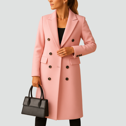 Długi dwurzędowy płaszcz damski z wełny z klapami i taliowanym krojem