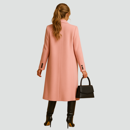 Długi dwurzędowy płaszcz damski z wełny z klapami i taliowanym krojem