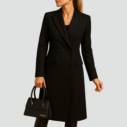 Długi dwurzędowy płaszcz damski z wełny z klapami i taliowanym krojem
