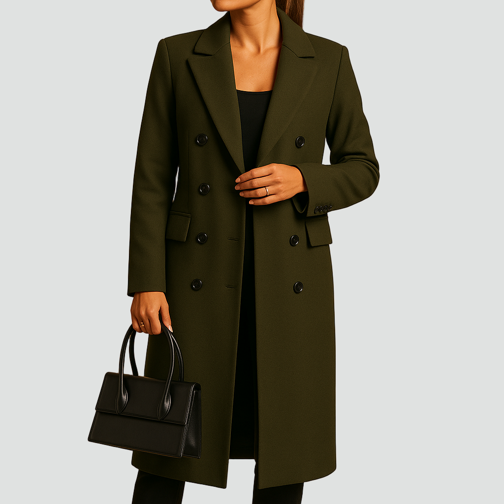 Długi dwurzędowy płaszcz damski z wełny z klapami i taliowanym krojem