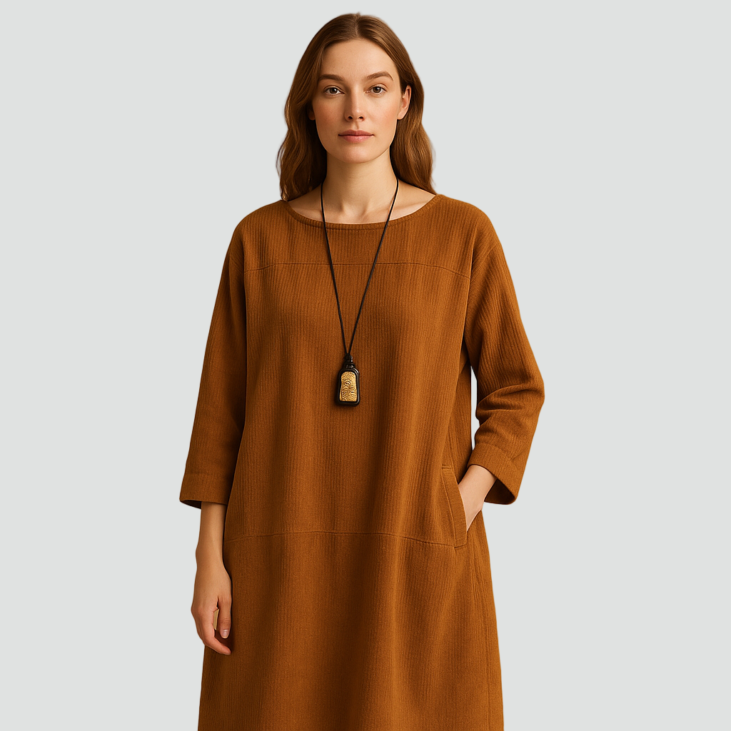 Luźna dzianinowa sukienka midi z kieszeniami dla kobiet